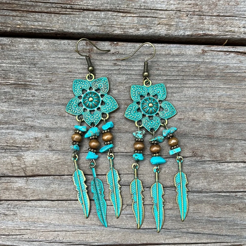 Boho Gypsy Stamped Metal Patina Drop Earrings - Picture 3 of 13